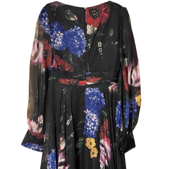 Mac Duggal NEW Sz 6 67872 Black Floral Chiffon Bishop Sleeve Floral Print Dress - Picture 7 of 9